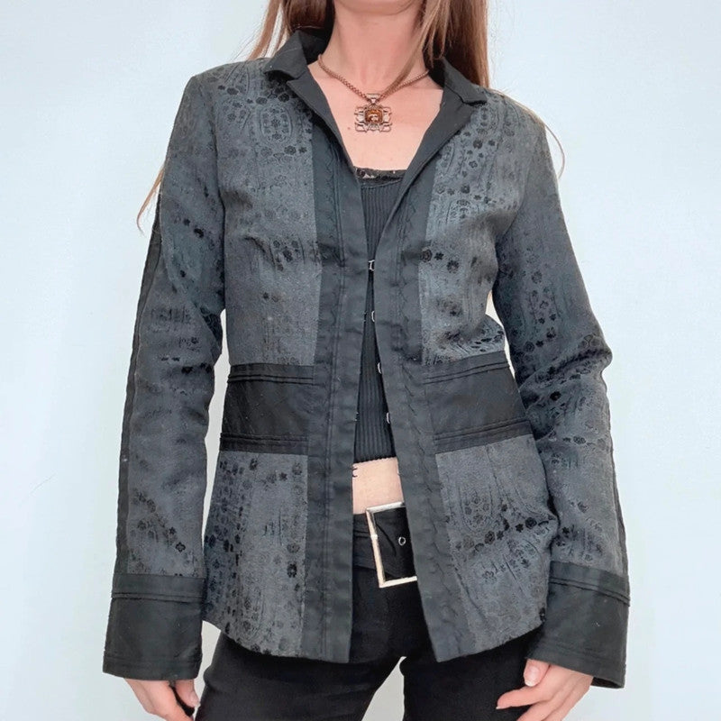 black printed distressed grunge hook and eye jacket