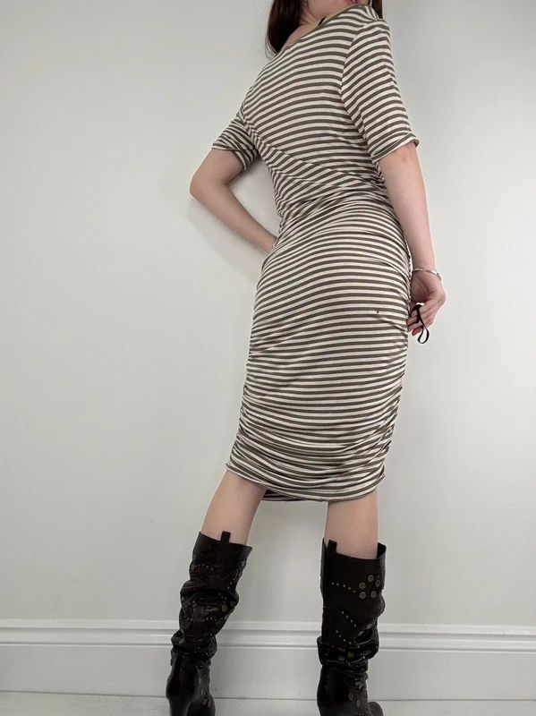 khaki striped gathered cinched midi dress