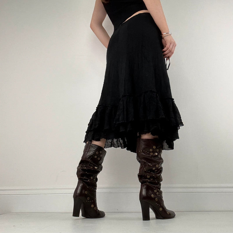black crinkle pleated ruffle midi skirt