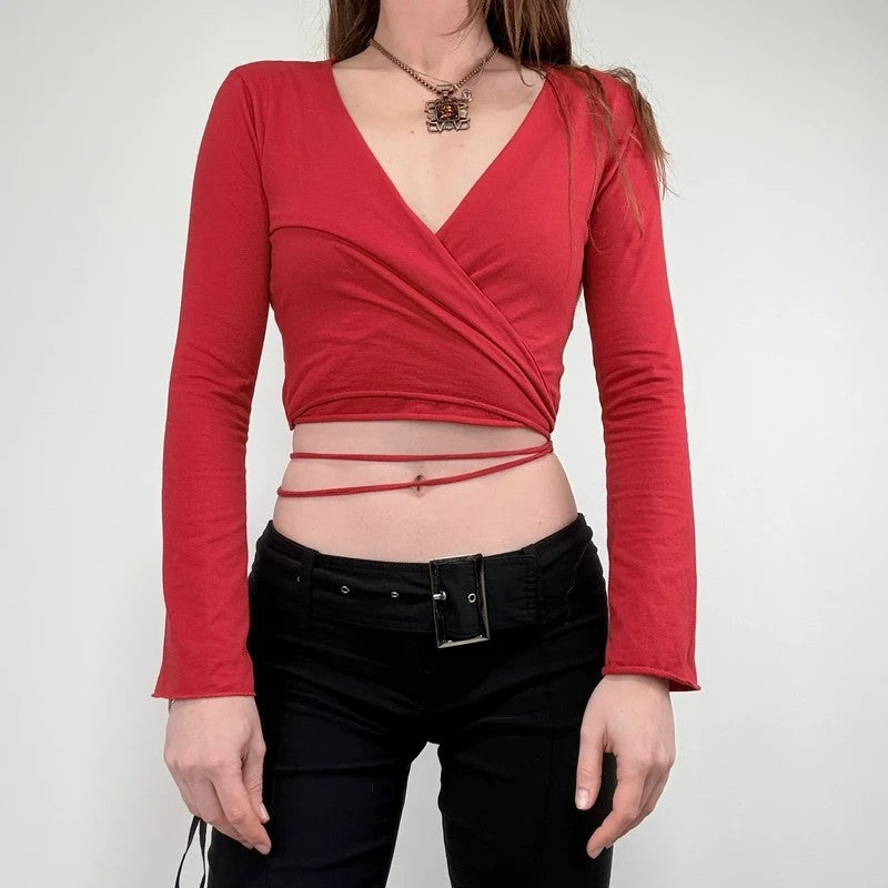 red jersey cropped ballerina wrap cardigan
