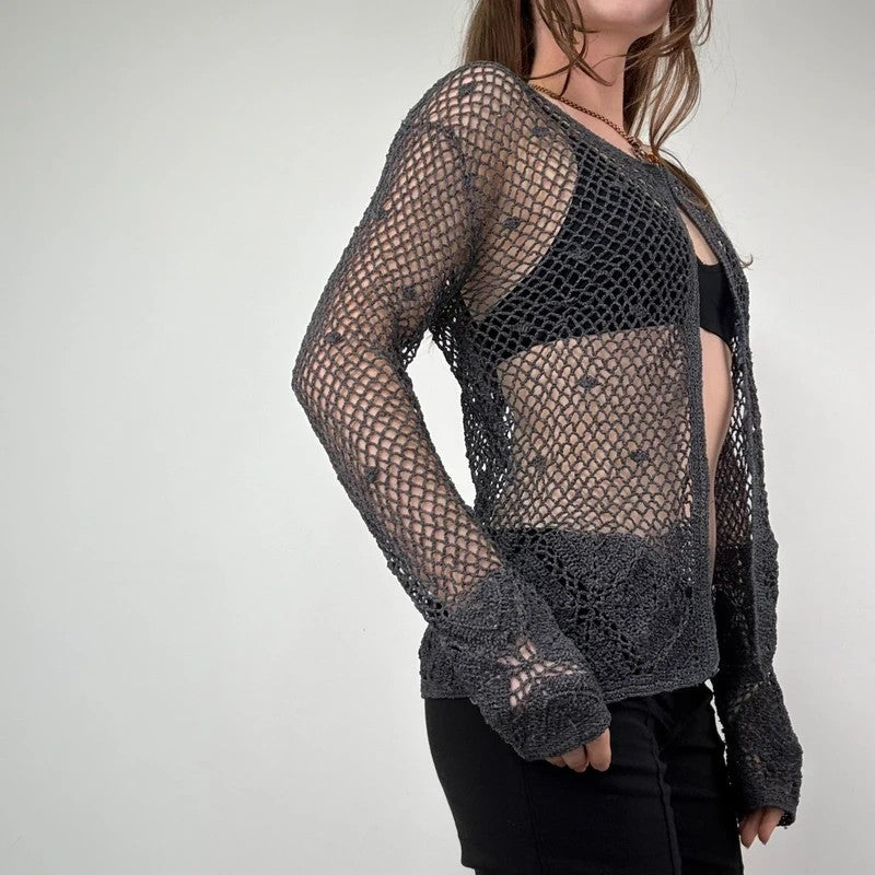 grey crochet sheer lace knit cardigan