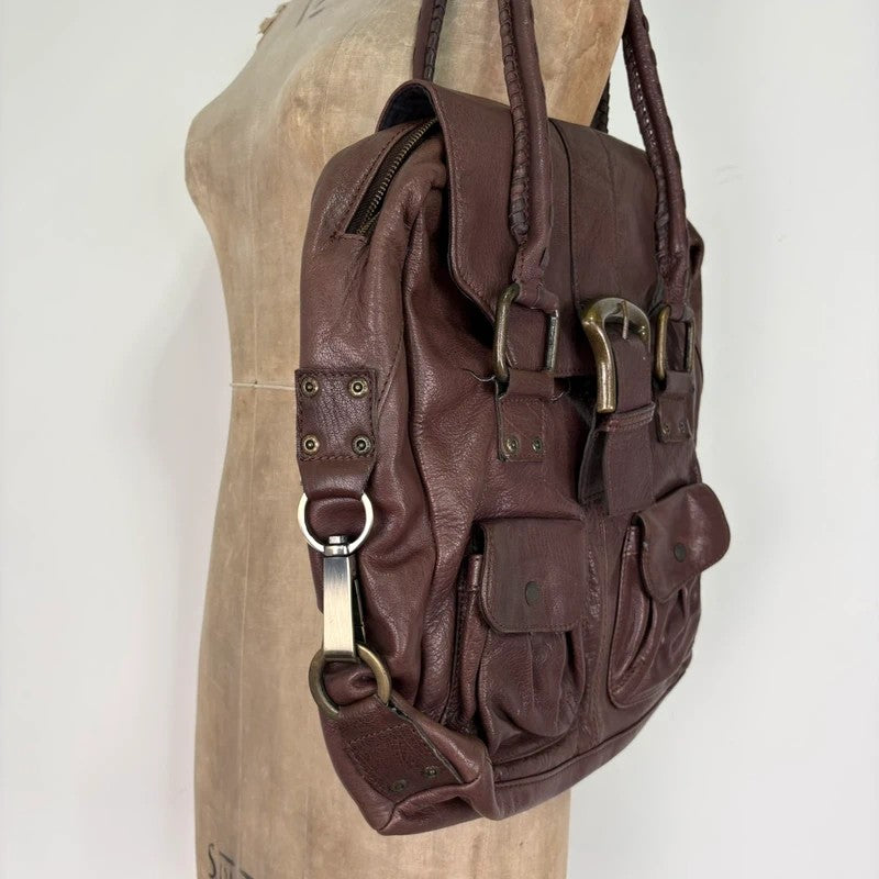Brown buckle Y2K pocket slouchy tote bag