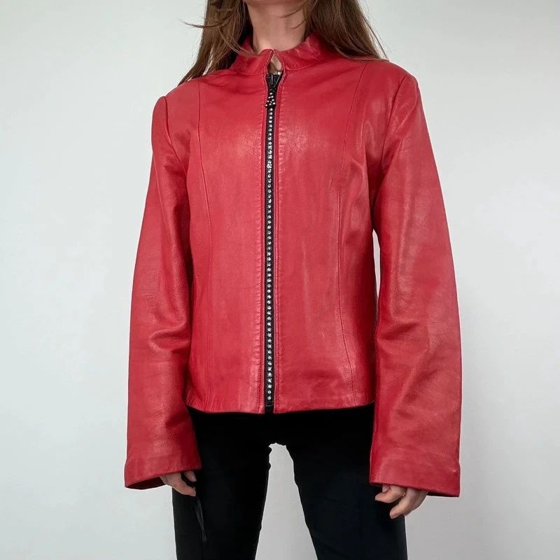 Red Studded Leather zip Jacket