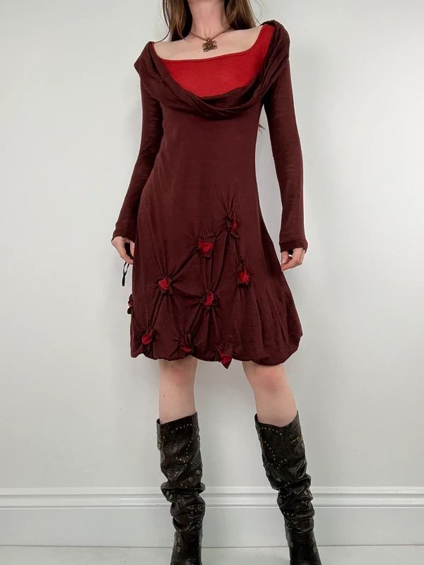 layered cinched long sleeve burgundy flared dress