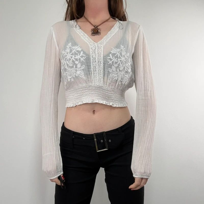 white cotton floral embroidered blouse