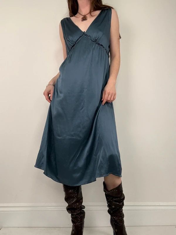 blue silk gathered floaty bias cut midi dress