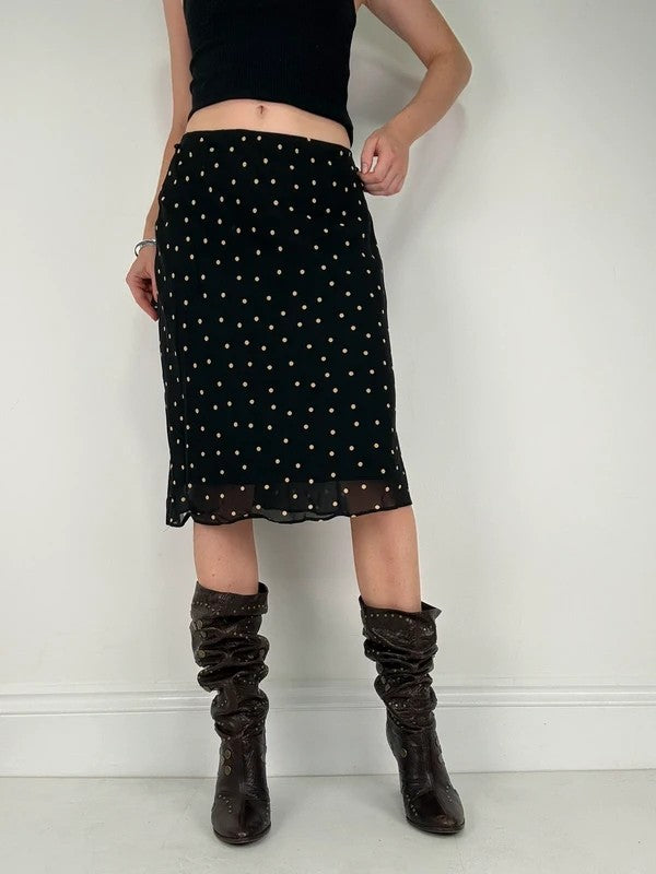 Black and white polkadot flutter midi skirt