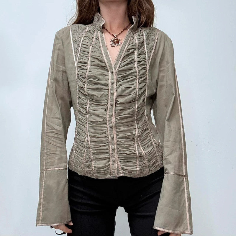 khaki gathered lace corset shirt