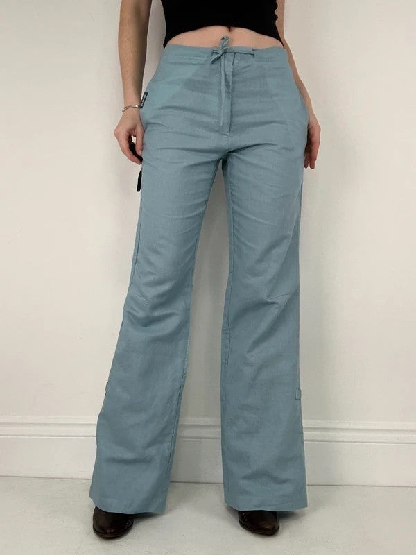aqua blue wide leg linen trousers