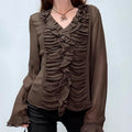 sheer brown silky gathered ruffle shirt