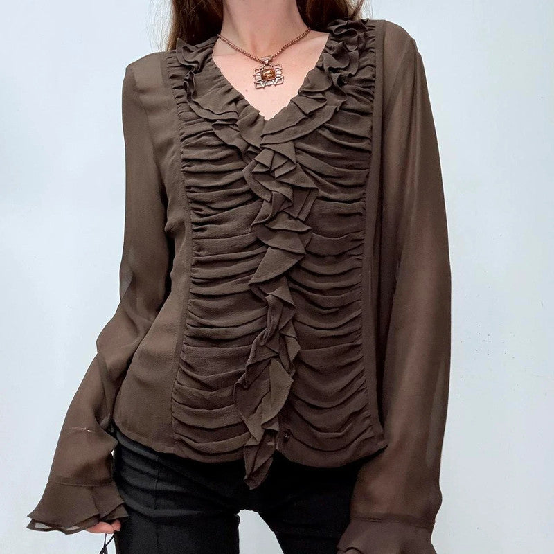 sheer brown silky gathered ruffle shirt