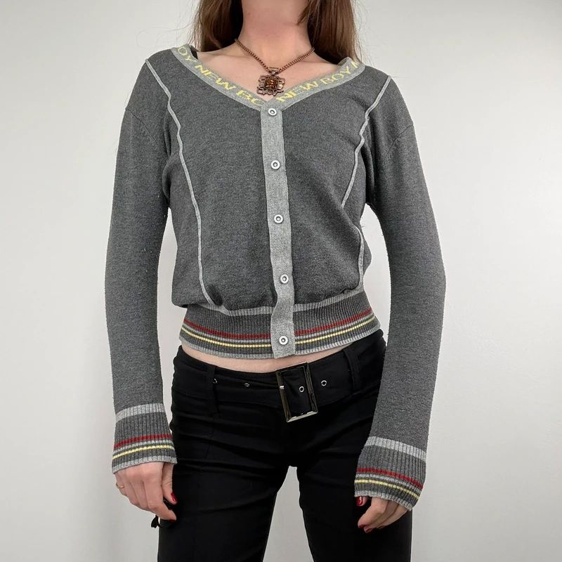 grey cropped knit pinstripe cardigan