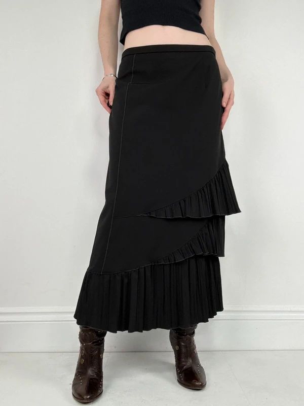 black asymmetric pleated ruffle maxi skirt