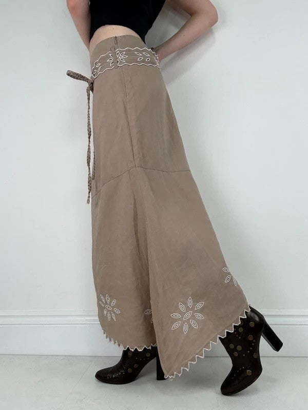 Beige linen boho western asymmetrical flared maxi skirt