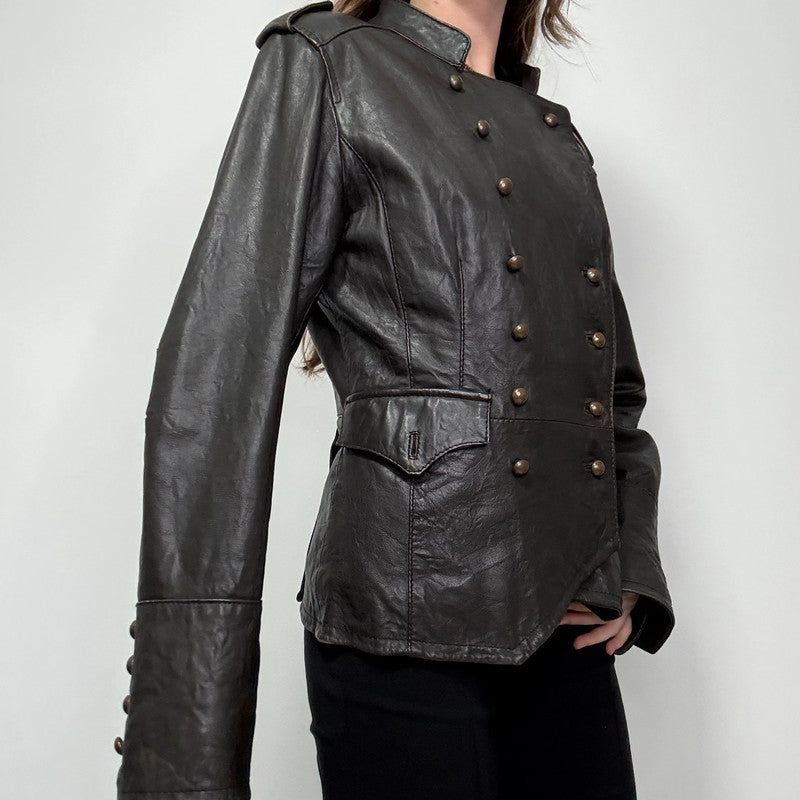 aymmetric brown leather military napolionic jacket