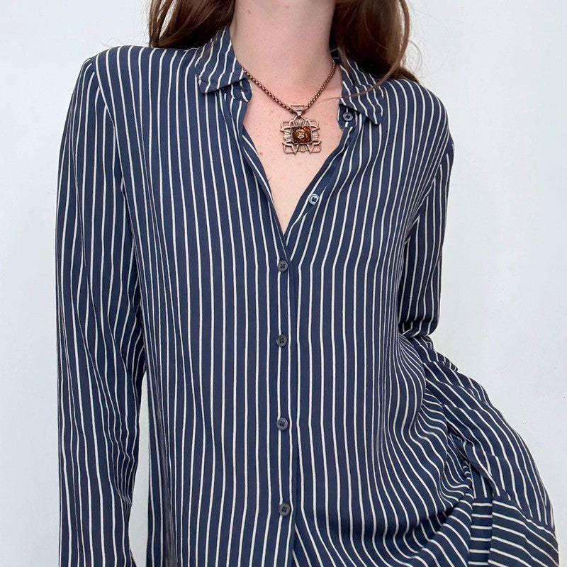 navy and white striped 100% silk shirt