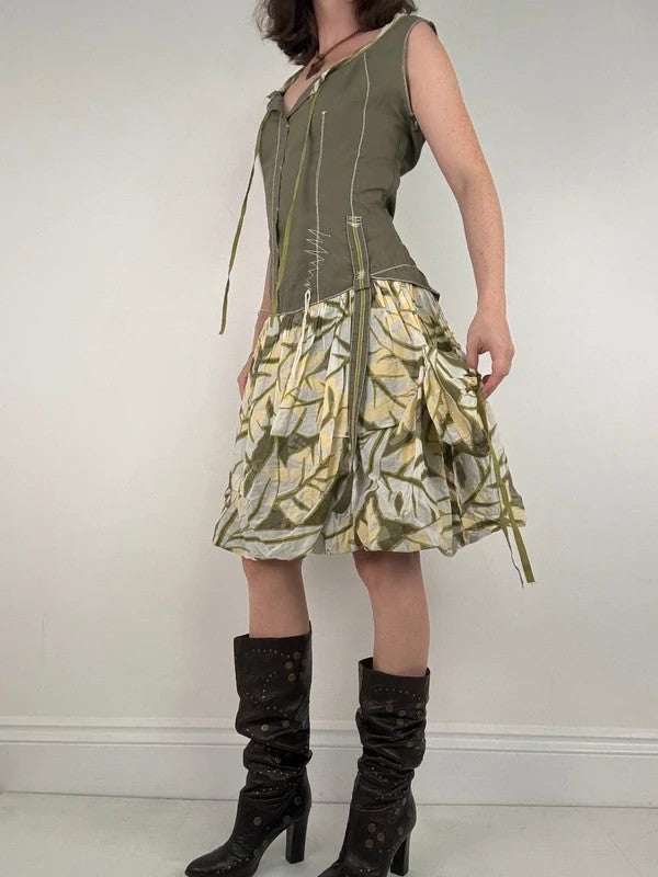 Cargo khaki patterned toggle midi puff dress