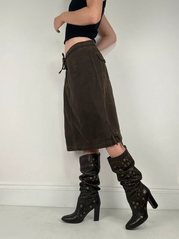 brown khaki pinstripe a-line midi skirt
