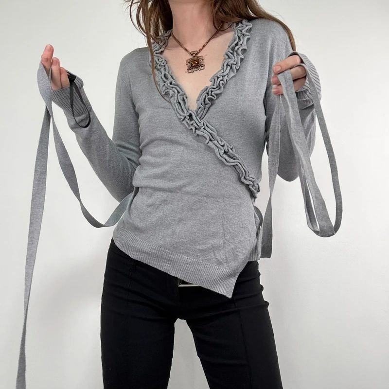 grey knit ruffle wrap cardigan