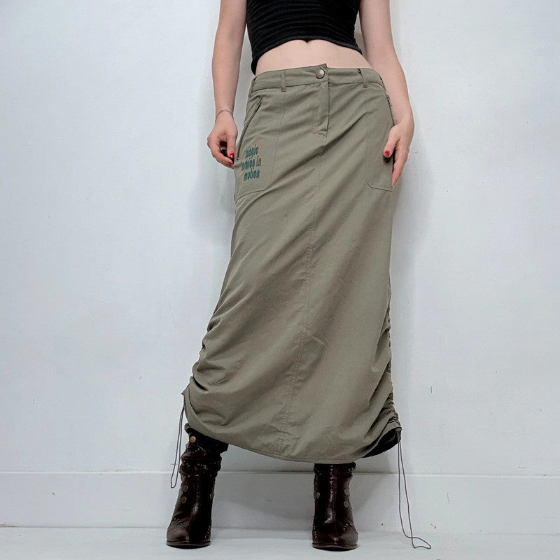 khaki gathered cinched maxi skirt