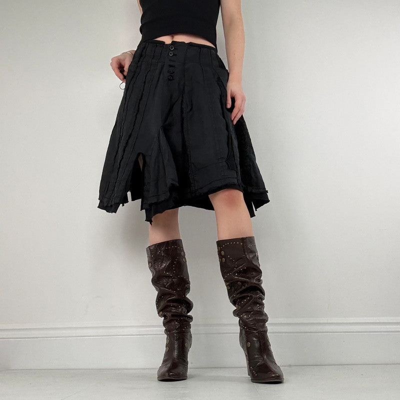 distressed black linen asymmetric flared midi skirt