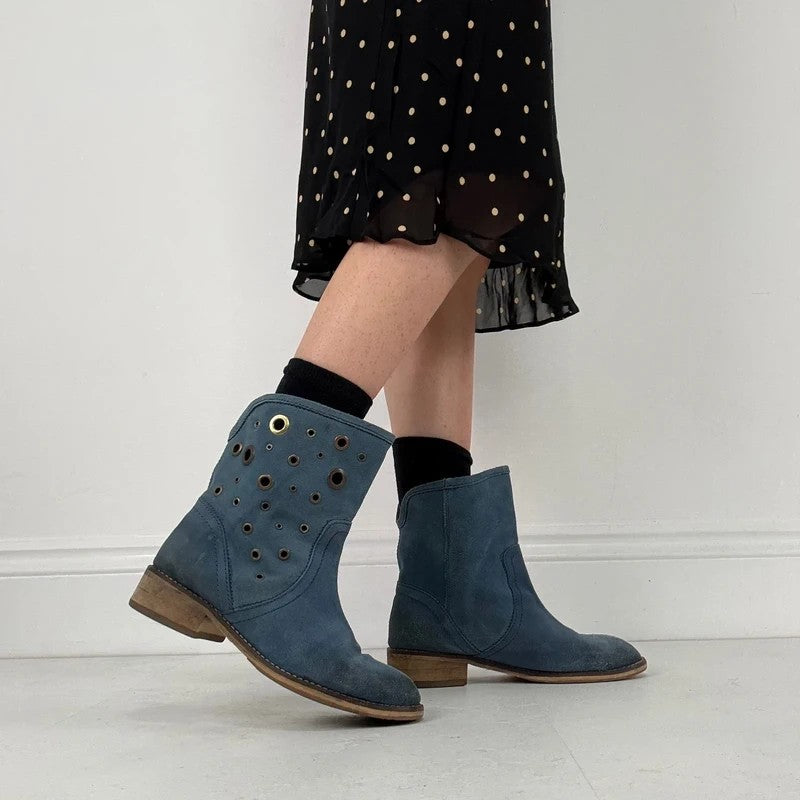 Blue suede studded eyelet ankle boots