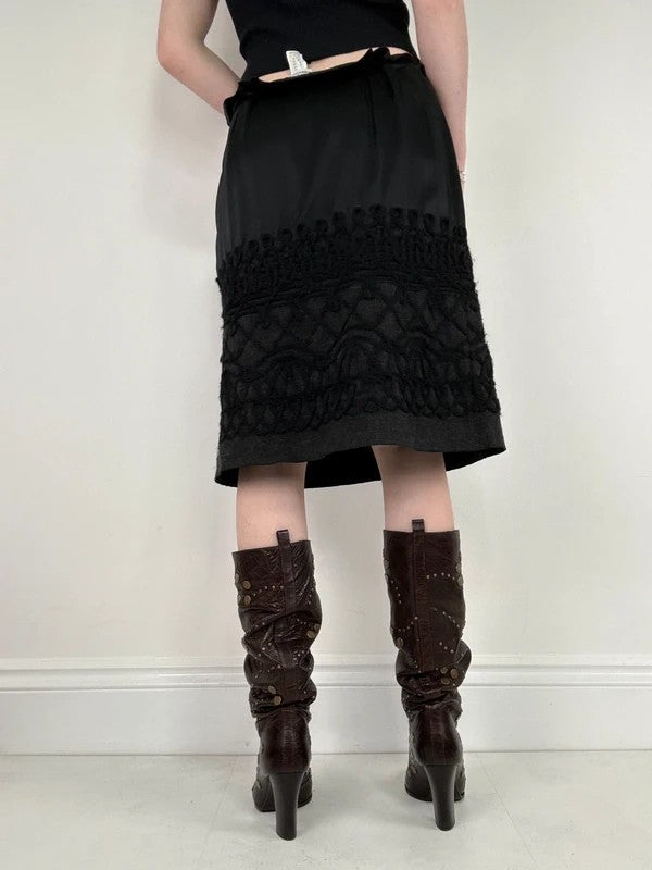 black silk embroidered napoleonic wool midi skirt
