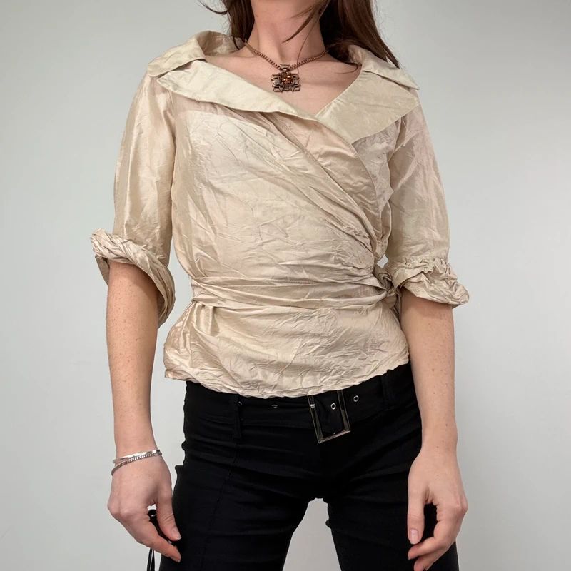 gathered crinkle silk structured wrap shirt