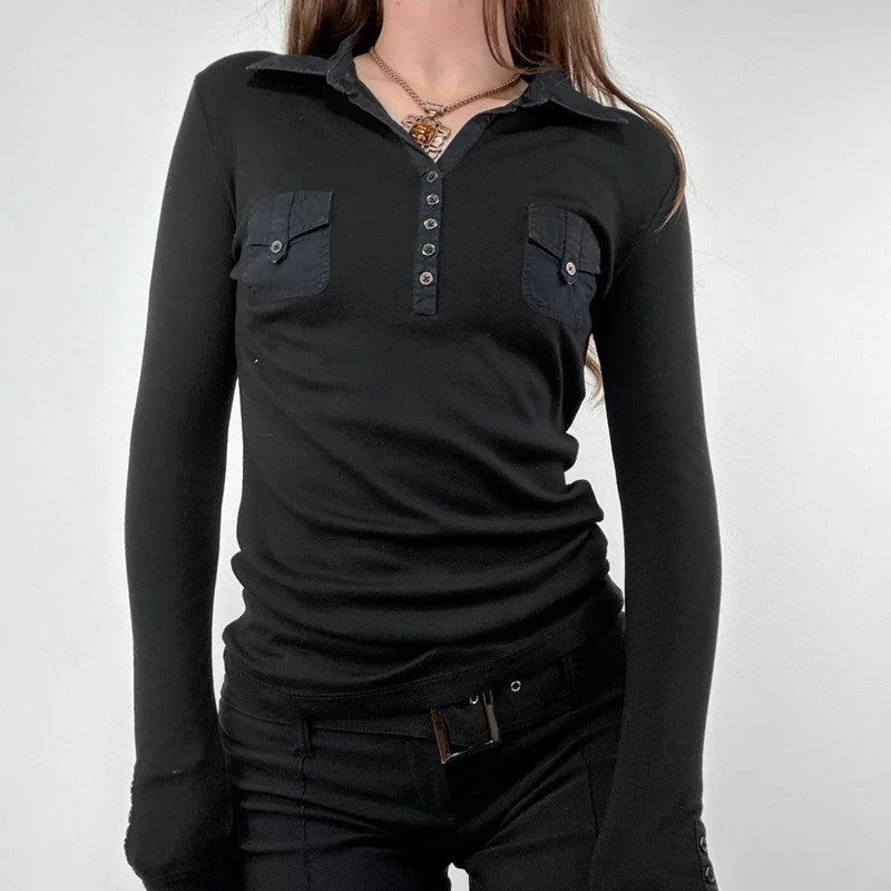 black long sleeve 1/4 button henley polo t-shirt