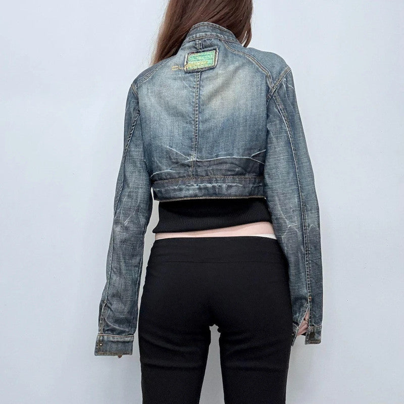 distressed denim cropped utility jacket