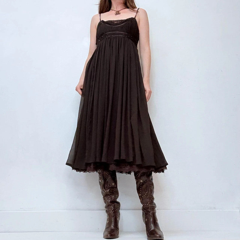 brown crinkle pleated maxi dress