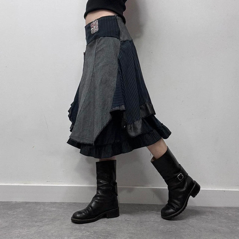 patchwork grunge fairy pinstripe midi skirt
