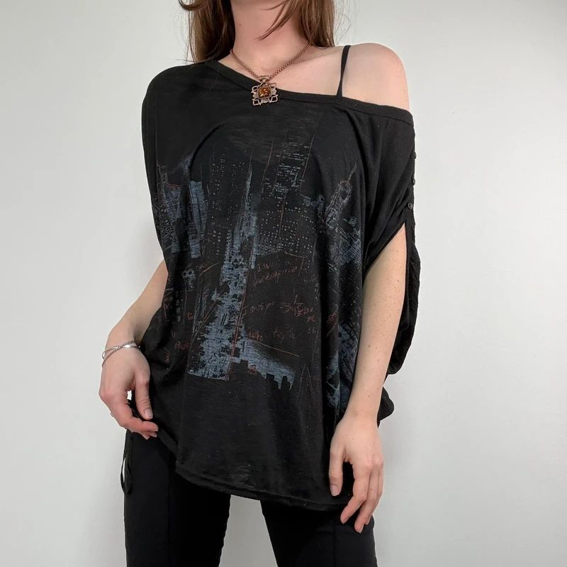 black graphic slouchy off the shoulder t-shirt