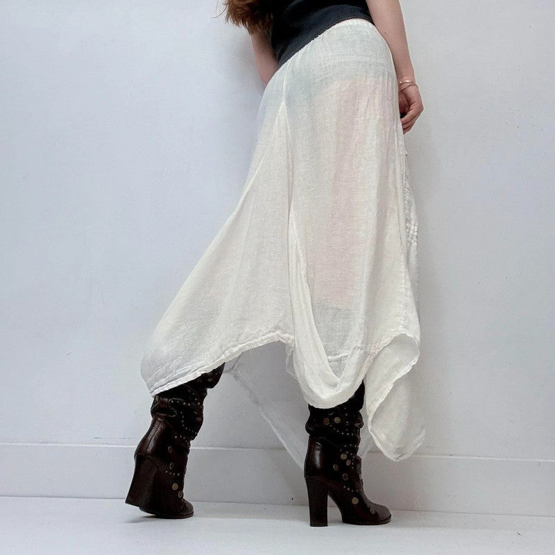white linen draped puff maxi skirt