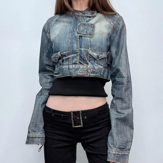distressed denim cropped utility jacket