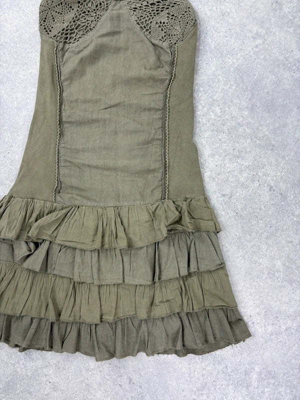Khaki cotton ruffle lace mini dress