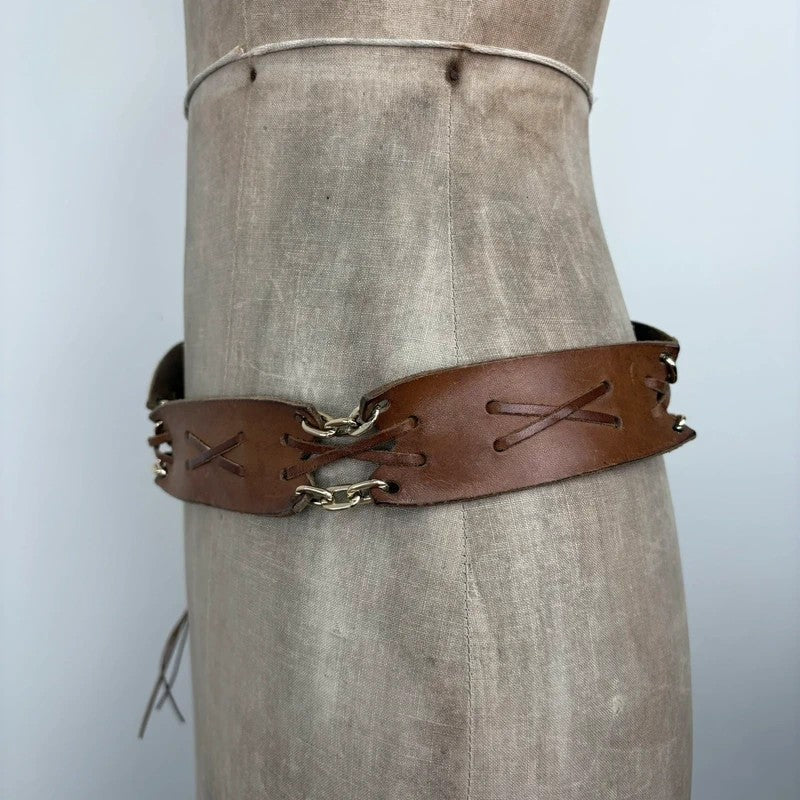 Boho tan leather belt with gold chain and tassel suede