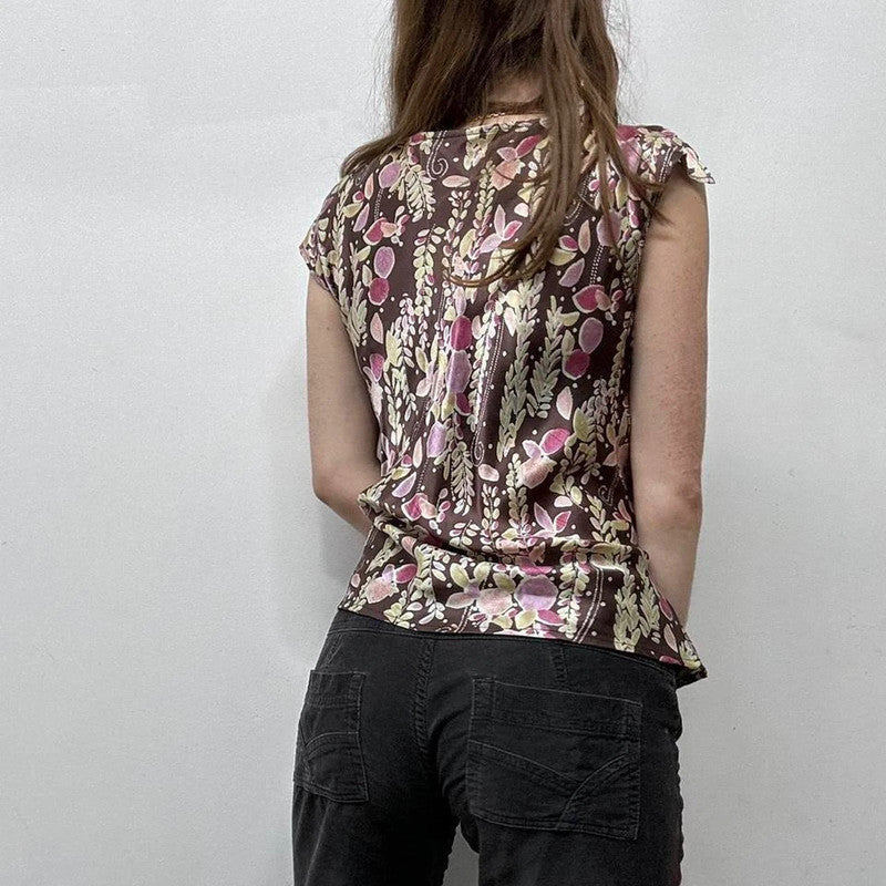 brown floral printed silk fairy top