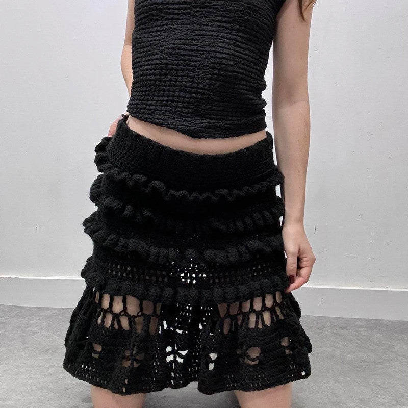 black crochet sheer knitted midi skirt