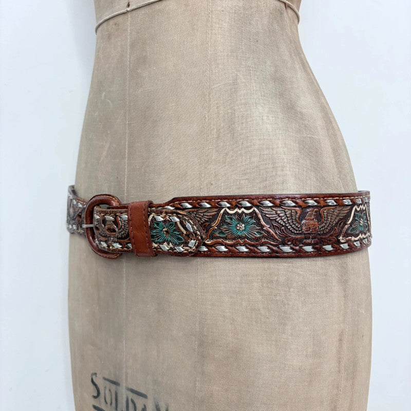 Western engraved brown leather boho belt