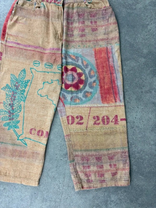 Printed abstract summer textured capri trousers