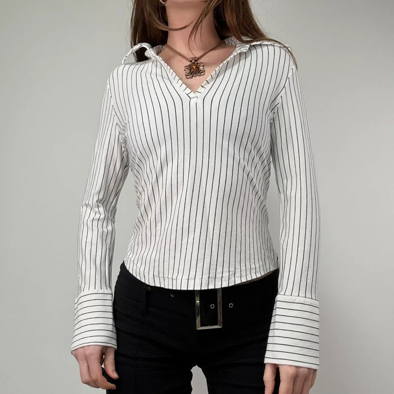 white pinstripe fitted flared shirt