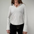 white pinstripe fitted flared shirt