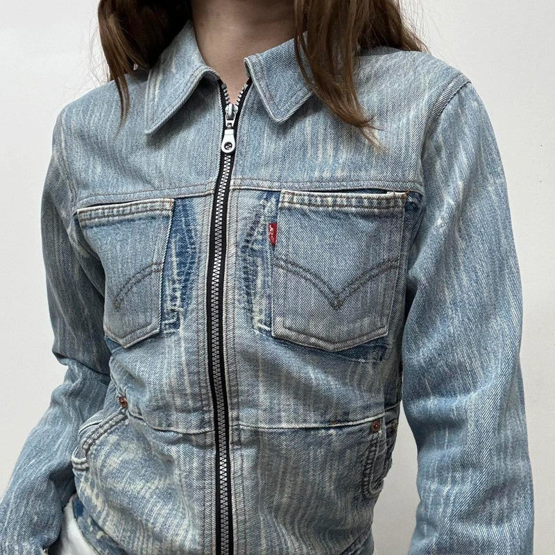 distressed patched denim jacket