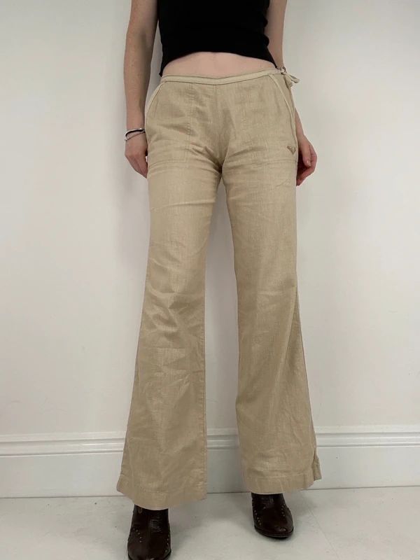 low rise tie waist linen flared trousers