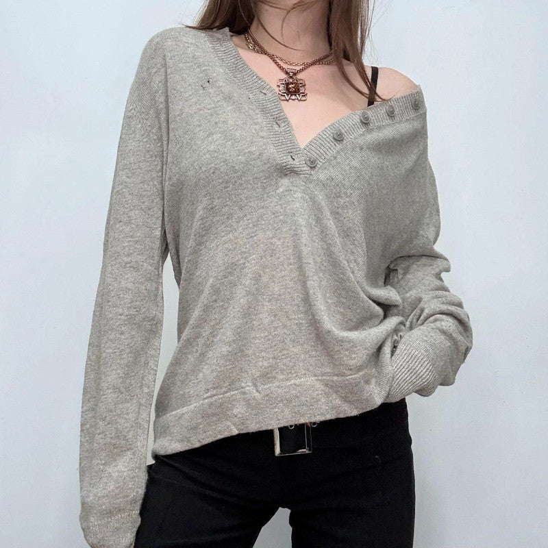 grey slouchy button knitted jumper