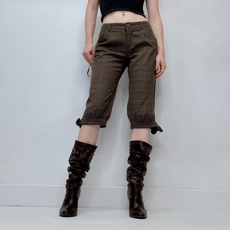 brown tartan preppy cropped puff capri pants