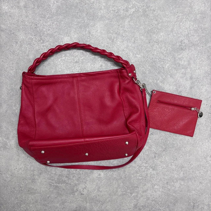 red leather slouchy woven bag