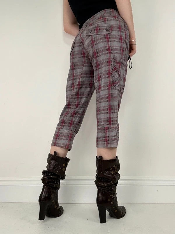 tartan checked red cargo denim capri pants