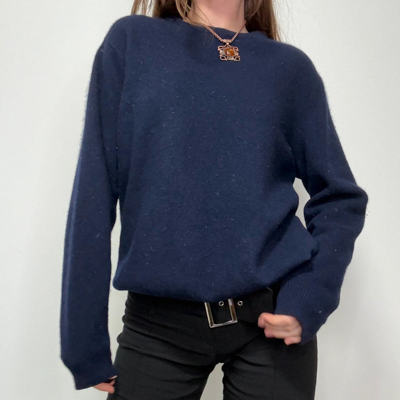 Navy blue cashmere knit crewneck jumper